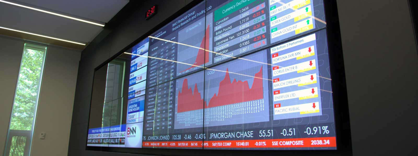 Multiple screens combined to display stock market data